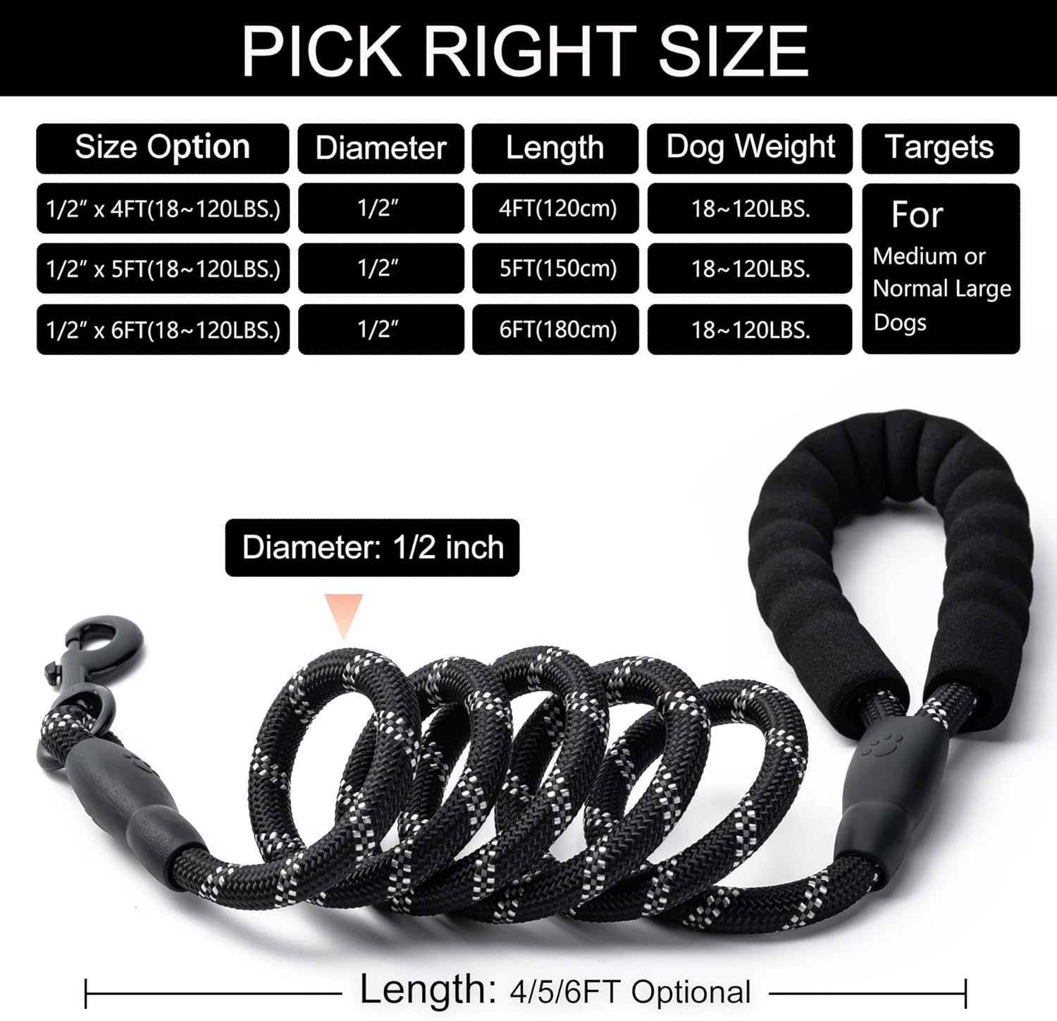 2 Pack Dog Leash, 4/5//6 FT Heavy Duty Nyl Rope Pet Leashes with Comfortable Padded Handle, Reflective Dog Leashes for Small Medium and Large Dogs (5FT-1/2,Black/Black) - Image 5
