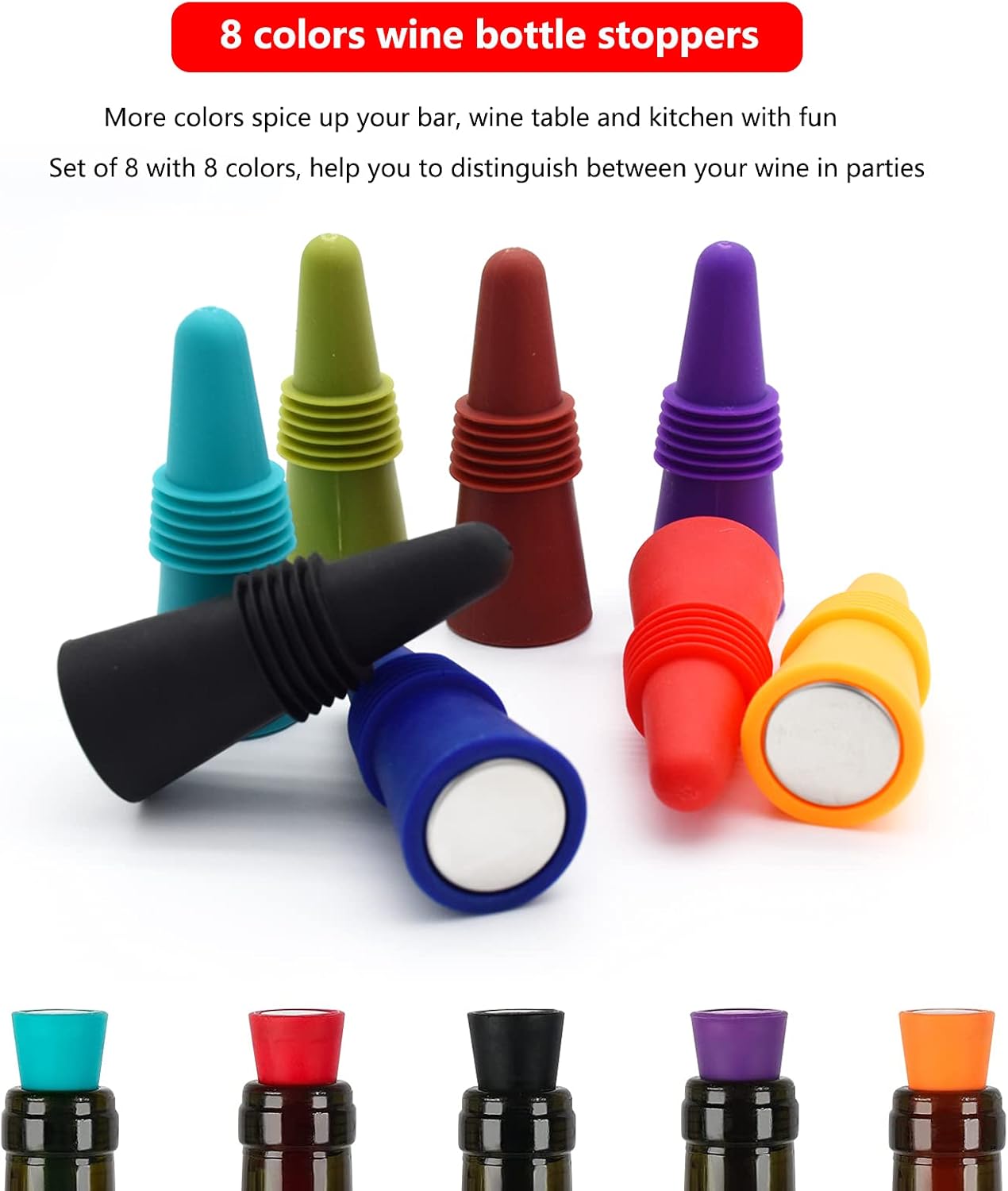 Wine Stoppers Beverage Bottle Sealer Soft Silice Wine Bottle Stoppers Corks with Grip Top for Keeping Wine Champagne Fresh, 8 Pack - Image 5