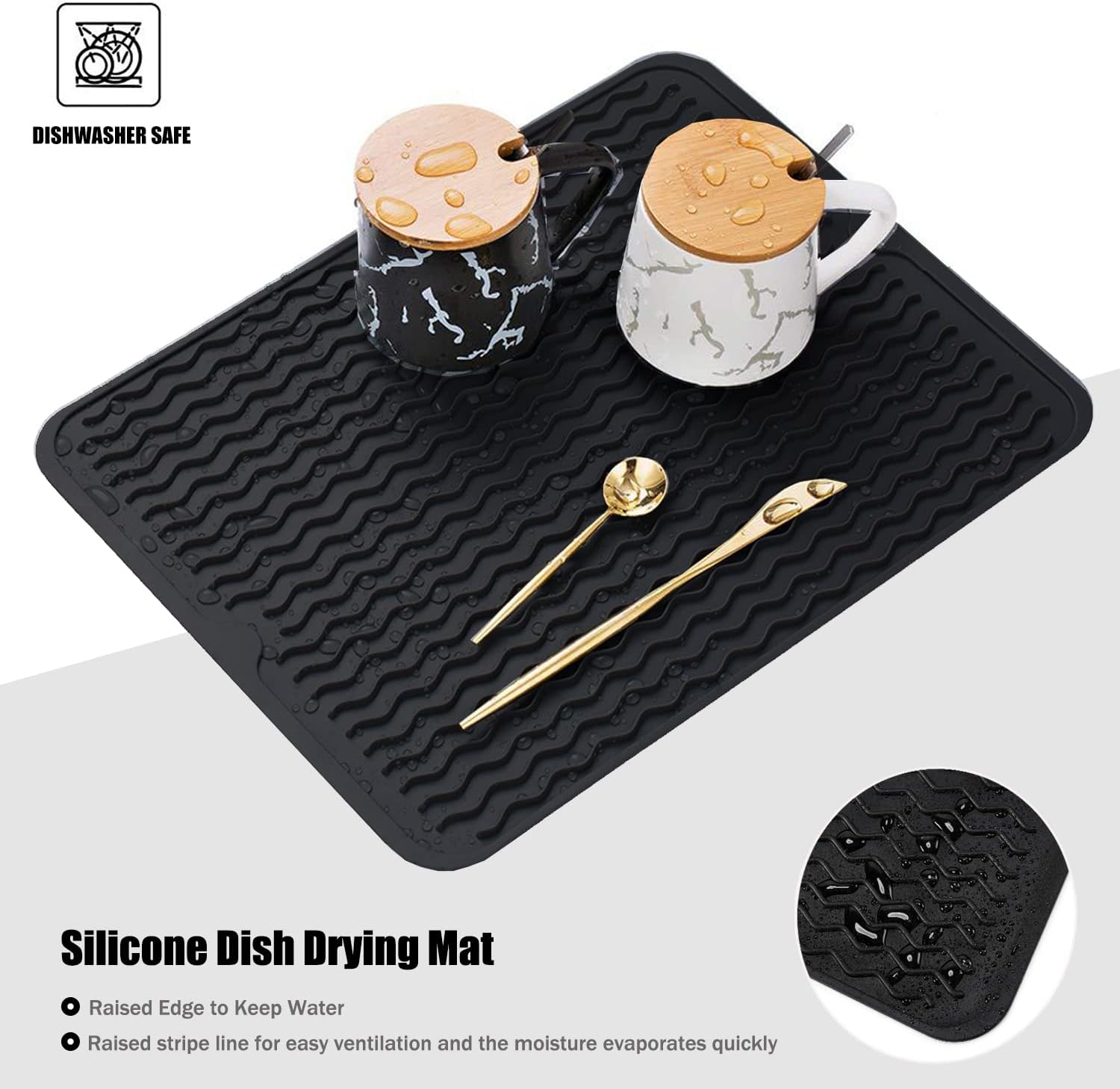 Silice Dish Drying Mat, N-Slip Easy Clean Sink Mat Large Heat-resistant Dish Drainer Mat for Kitchen Counter, Sink, Refrigerator or Drawer liner (16