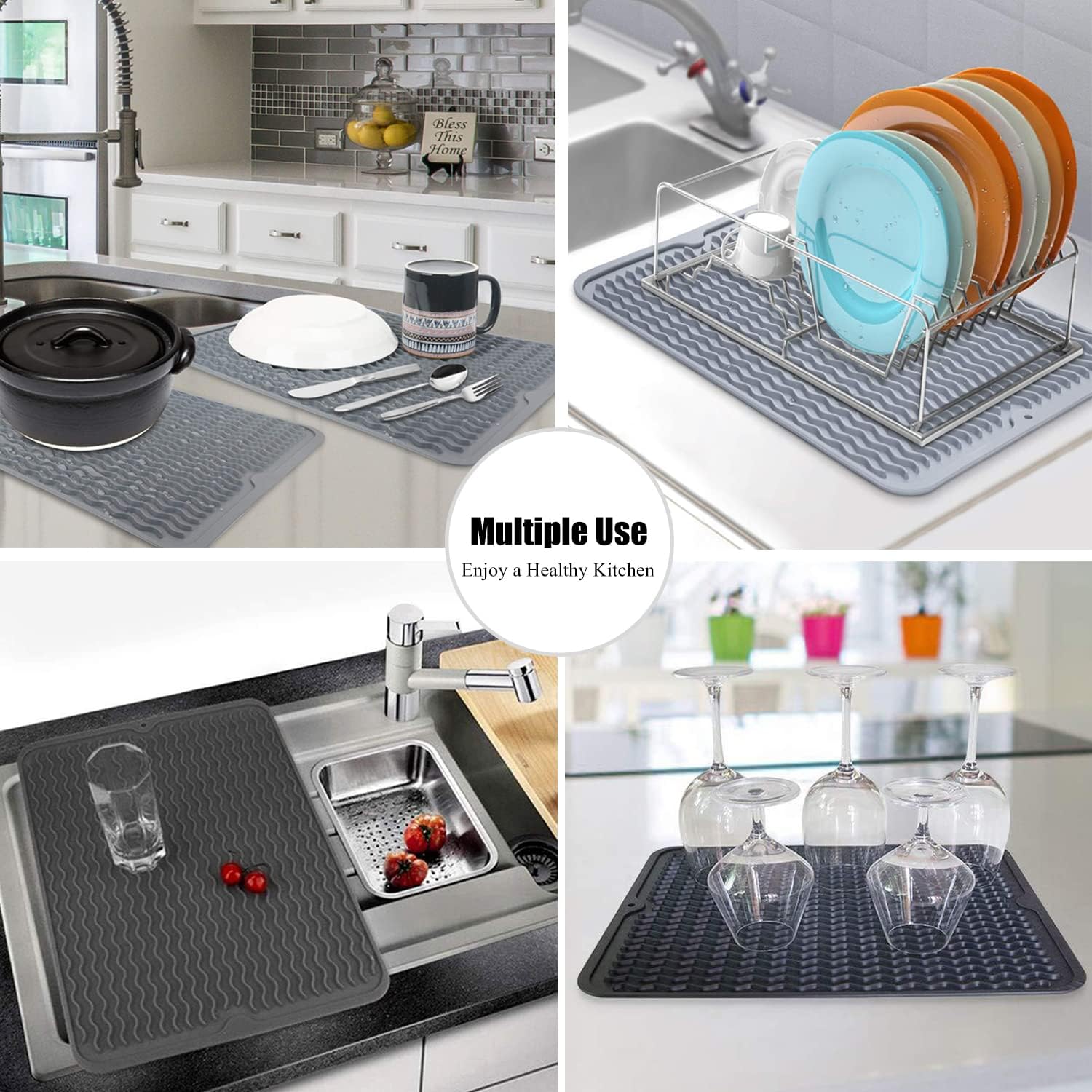 Silice Dish Drying Mat, N-Slip Easy Clean Sink Mat Large Heat-resistant Dish Drainer Mat for Kitchen Counter, Sink, Refrigerator or Drawer liner (16