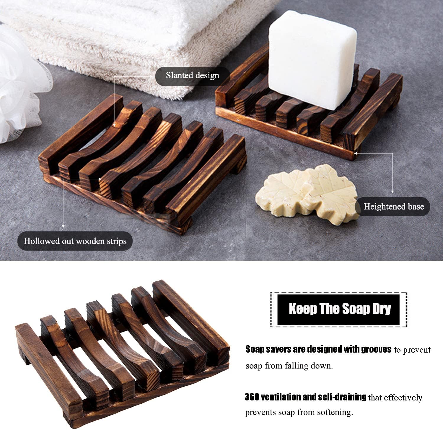 3 Pcs Natural Wooden Soap Dish Holder for Shower, Self Draining Soap Tray for Bathroom, Extend Soaps Life and Keep Dry - Image 3