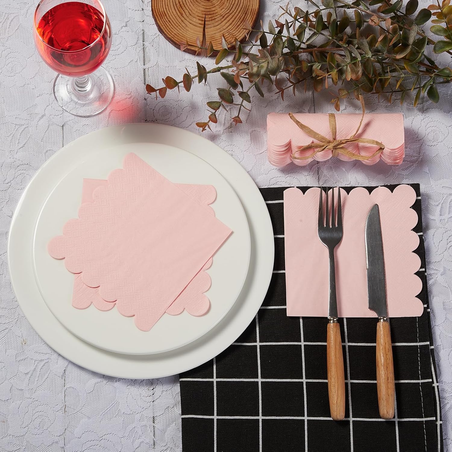 100 Pack Cocktail Napkin 2-Ply Scalloped Edged Dessert Napkins Folded 5 x 5 Inches Disposable Napkins for Dinner Wedding Birthday Party Bridal Anniversary Recepti Event (Pink) - Image 5