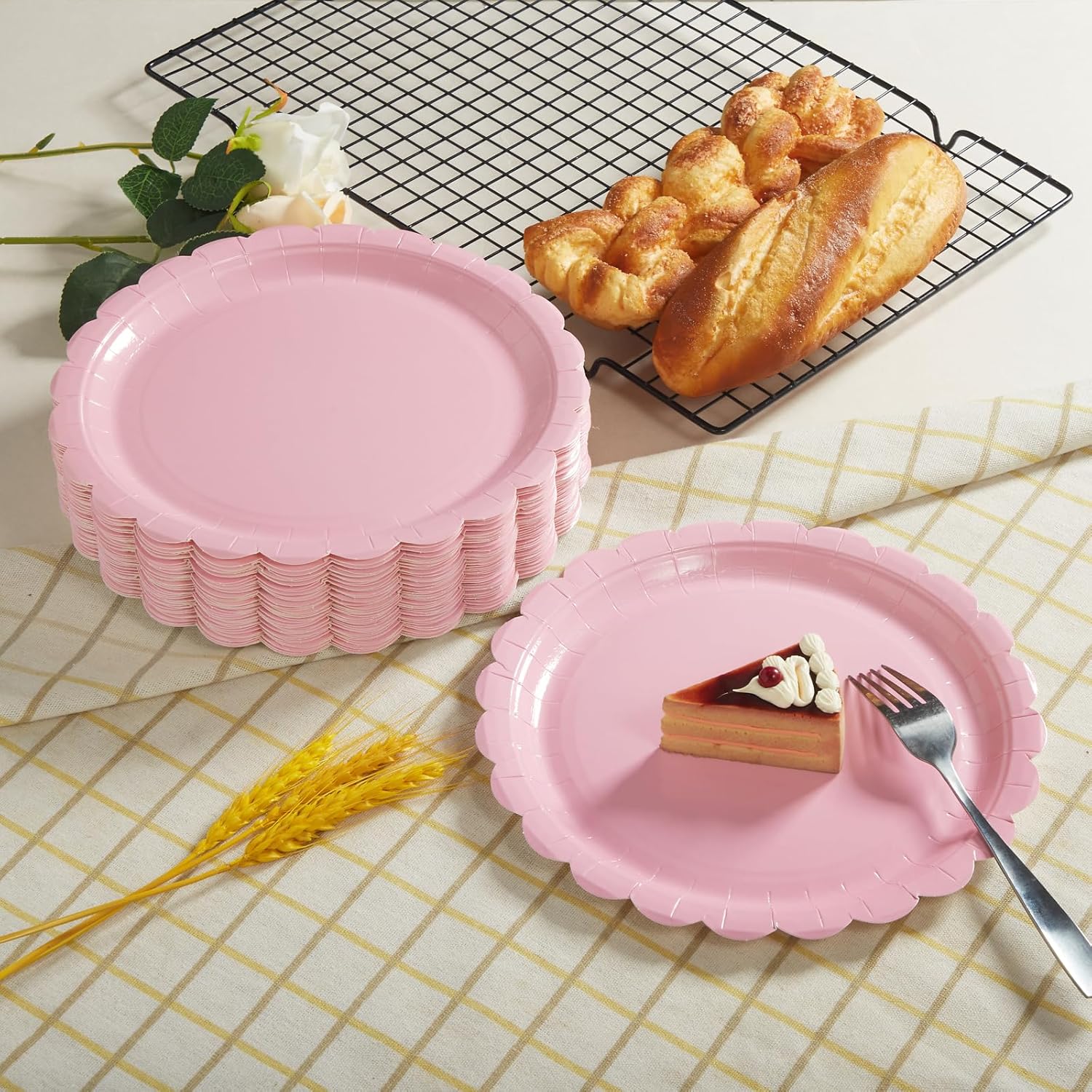 50PCS Scalloped Disposable Paper Plates Dessert Cake Party Plates for Baby Shower, Wedding,Bridal Shower Birthday Party Supplies (Pink, 7IN) - Image 3