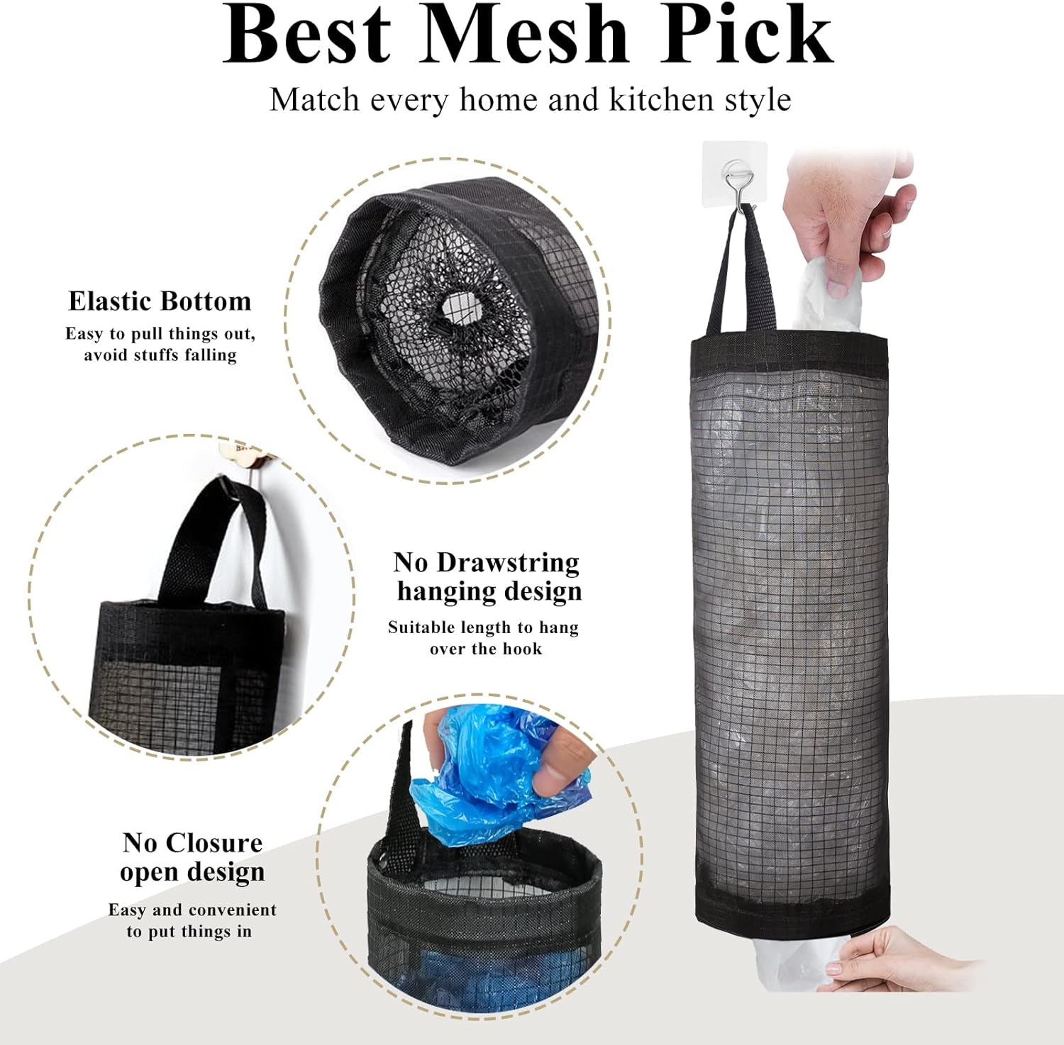 Plastic Bag Holder, Grocery Bag Holder Mesh Hanging Storage Bag Dispenser (Black 2 Packs) - Image 3