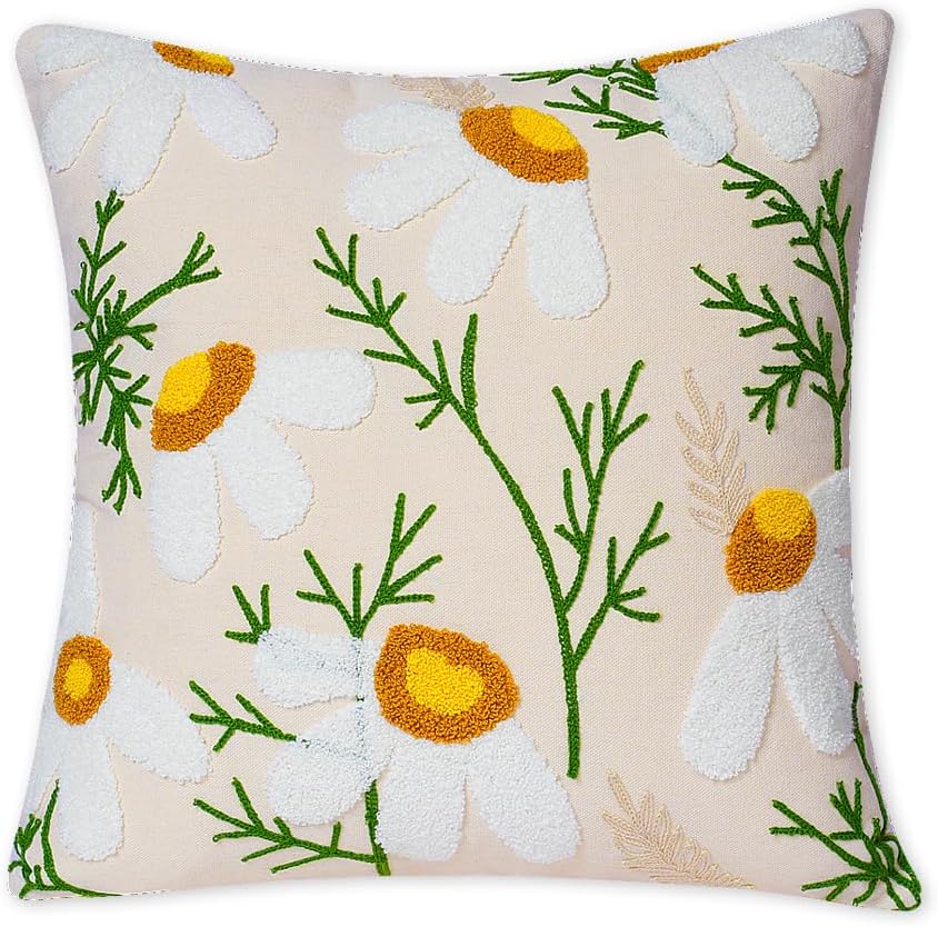 Embroidered Throw Pillow Covers, Soft Pillow Cases Couch Pillow Covers with Zipper, Decorative Cushi Covers for Sofa Living Room Couch Bed,18x18 inch (Daisy) - Image 1
