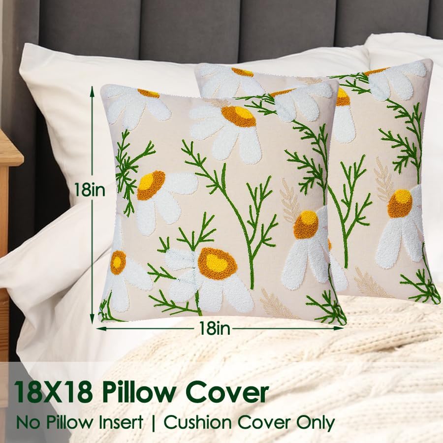 Embroidered Throw Pillow Covers, Soft Pillow Cases Couch Pillow Covers with Zipper, Decorative Cushi Covers for Sofa Living Room Couch Bed,18x18 inch (Daisy) - Image 2