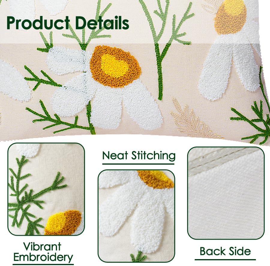Embroidered Throw Pillow Covers, Soft Pillow Cases Couch Pillow Covers with Zipper, Decorative Cushi Covers for Sofa Living Room Couch Bed,18x18 inch (Daisy) - Image 5