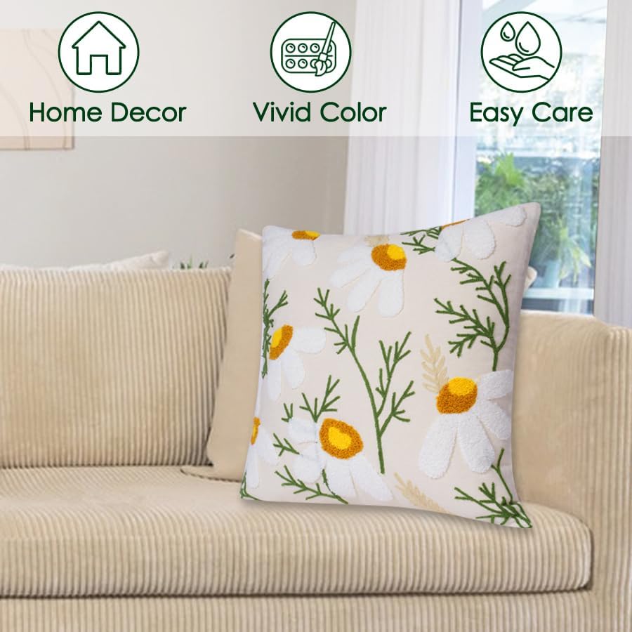 Embroidered Throw Pillow Covers, Soft Pillow Cases Couch Pillow Covers with Zipper, Decorative Cushi Covers for Sofa Living Room Couch Bed,18x18 inch (Daisy) - Image 6