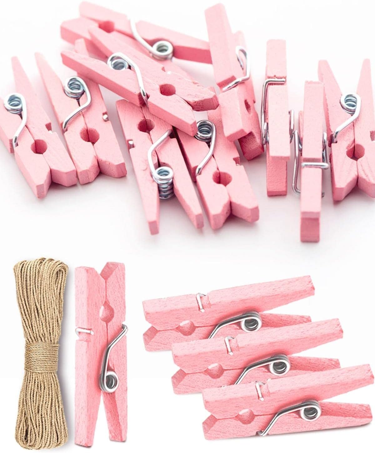 Mini Clothes Pins for Photo, Sturdy Natural Wooden Clothespins 150 Pcs 1 Inch with 33 FT Jute Twine, Small Clips for Crafts Display Baby Shower Game Hanging Decorative Pictures Weddings, Pink - Image 1