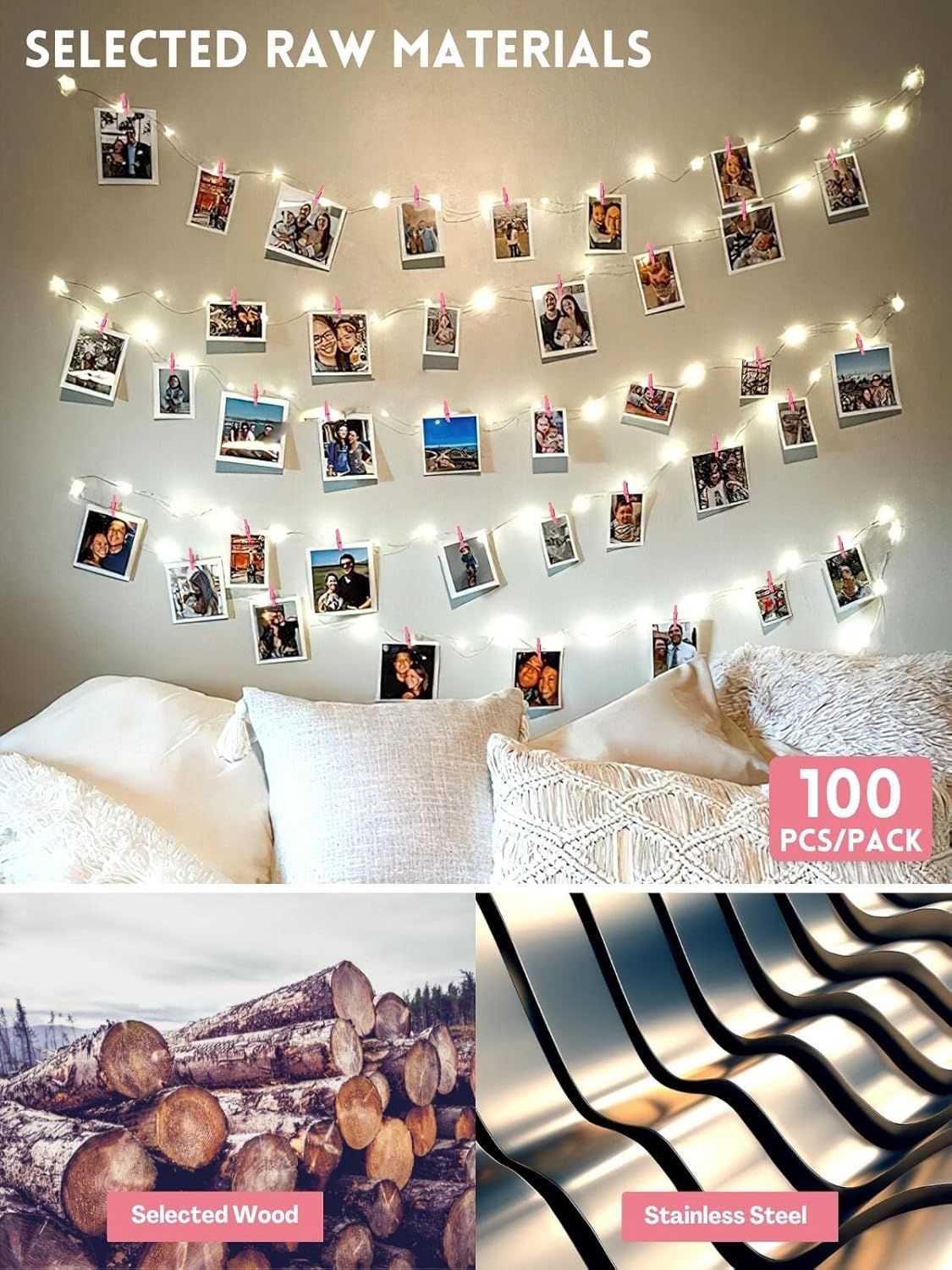 Mini Clothes Pins for Photo, Sturdy Natural Wooden Clothespins 150 Pcs 1 Inch with 33 FT Jute Twine, Small Clips for Crafts Display Baby Shower Game Hanging Decorative Pictures Weddings, Pink - Image 2