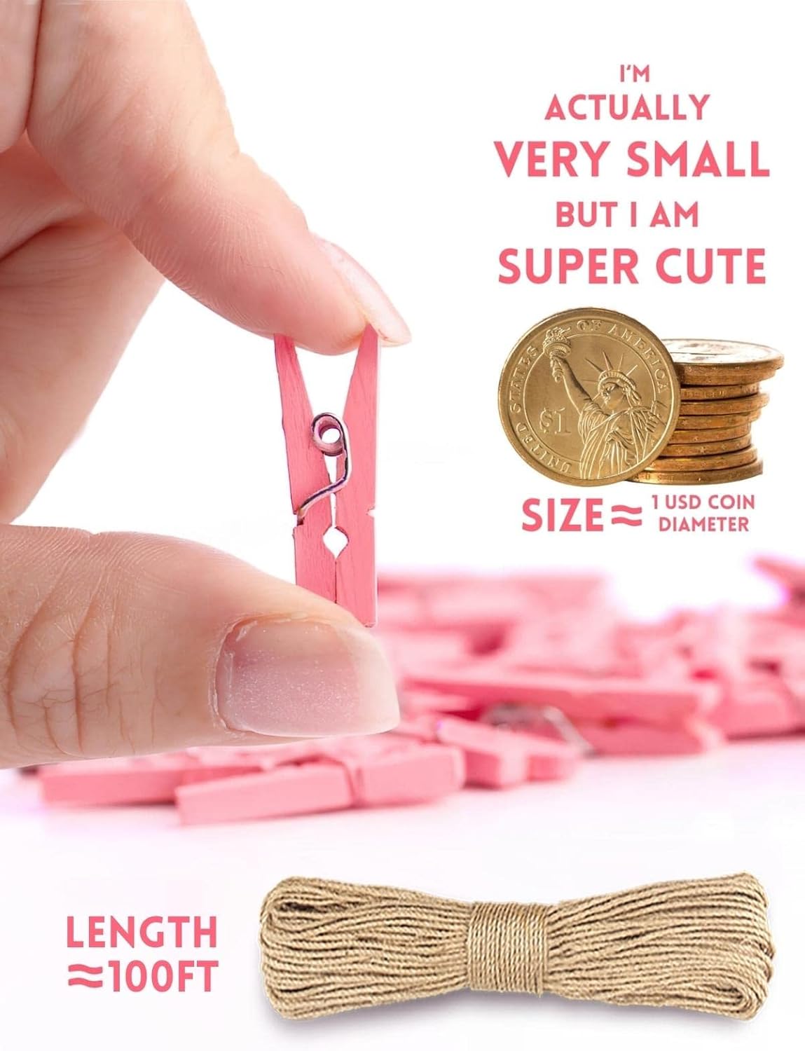 Mini Clothes Pins for Photo, Sturdy Natural Wooden Clothespins 150 Pcs 1 Inch with 33 FT Jute Twine, Small Clips for Crafts Display Baby Shower Game Hanging Decorative Pictures Weddings, Pink - Image 3