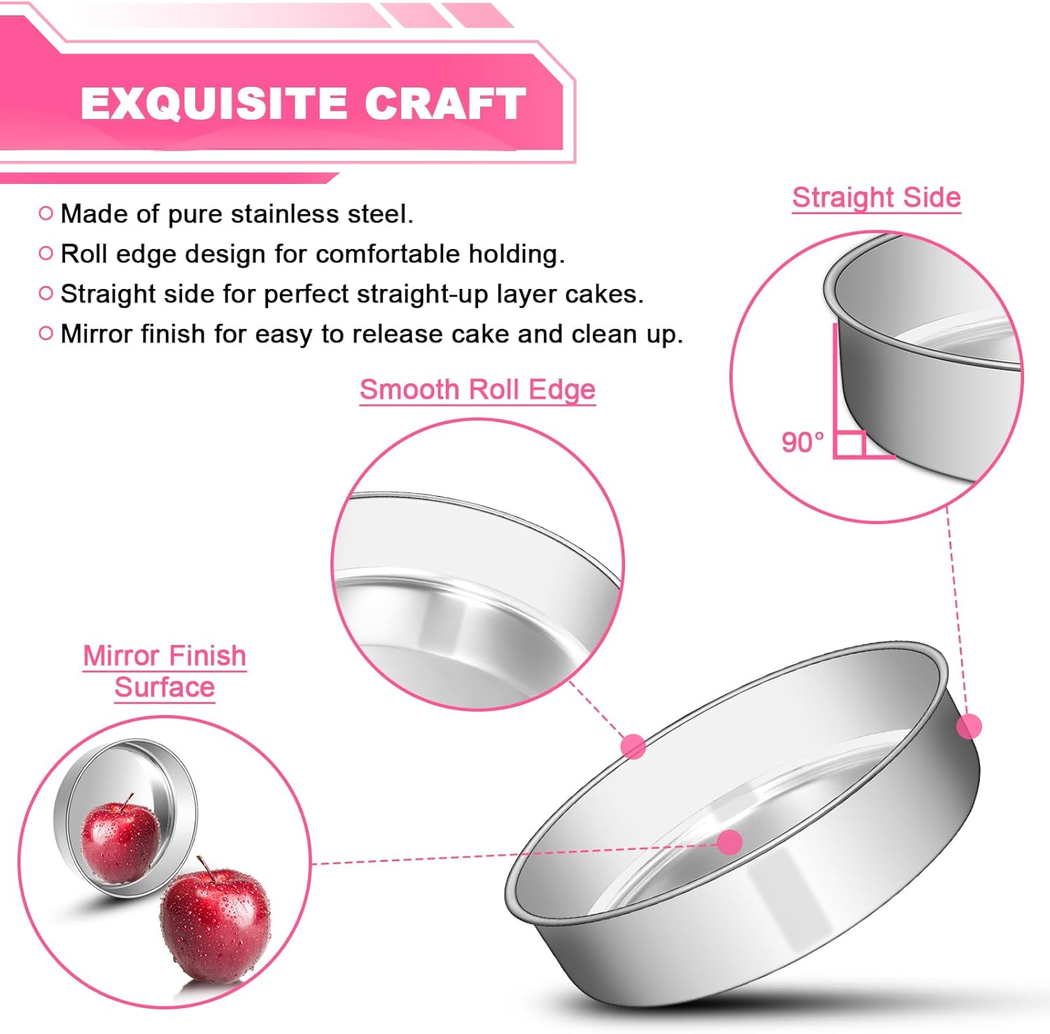8 Inch Cake Pan Set of 2, Stainless Steel Round Layer Cake Baking Pans Tins, Non-Toxic & Healthy, Leak-proof & Easy Clean & Dishwasher Safe - Image 3
