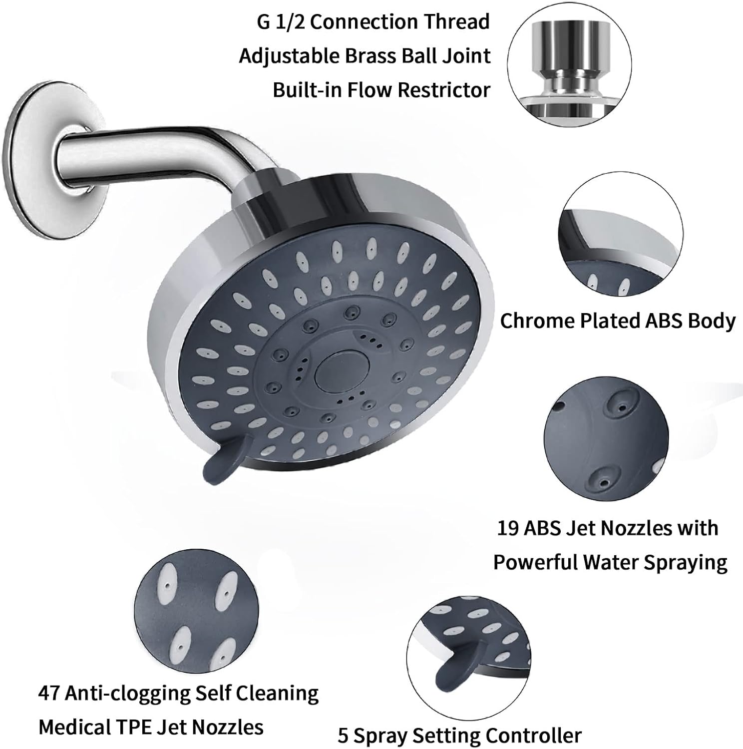 Shower Head High Pressure Rain Fixed Showerhead 5-Setting with Adjustable Metal Swivel Ball Joint - Relaxed Shower Experience Even at Low Water Flow & Pressure - Image 4