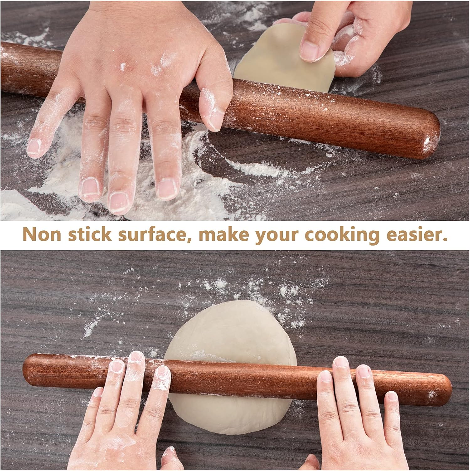 French Rolling Pin, 17.7 Inches Wood Rolling Pin for Baking Extra Lg Thickened, Classic Wooden Dough Roller for Fdant Pizza Pie Crust Cookie Pastry, Essential Kitchen Utensil, Brown - Image 6