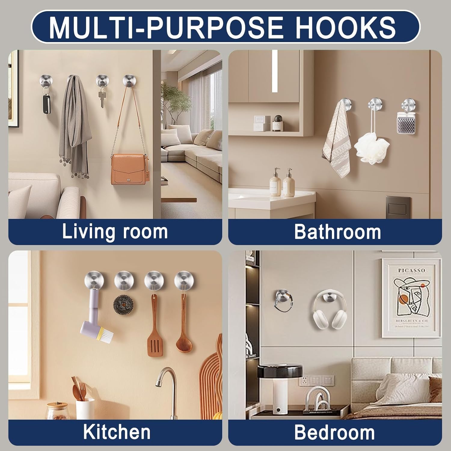 Silver Sucti Cup Hooks for Shower Waterproof - No Drill Stainless Steel Towel Hooks for Bathroom Wall, Kitchen, Glass, Mirror, Tile - Ideal for Hanging Towels, Robes, and Loofahs(4 pcs) - Image 5
