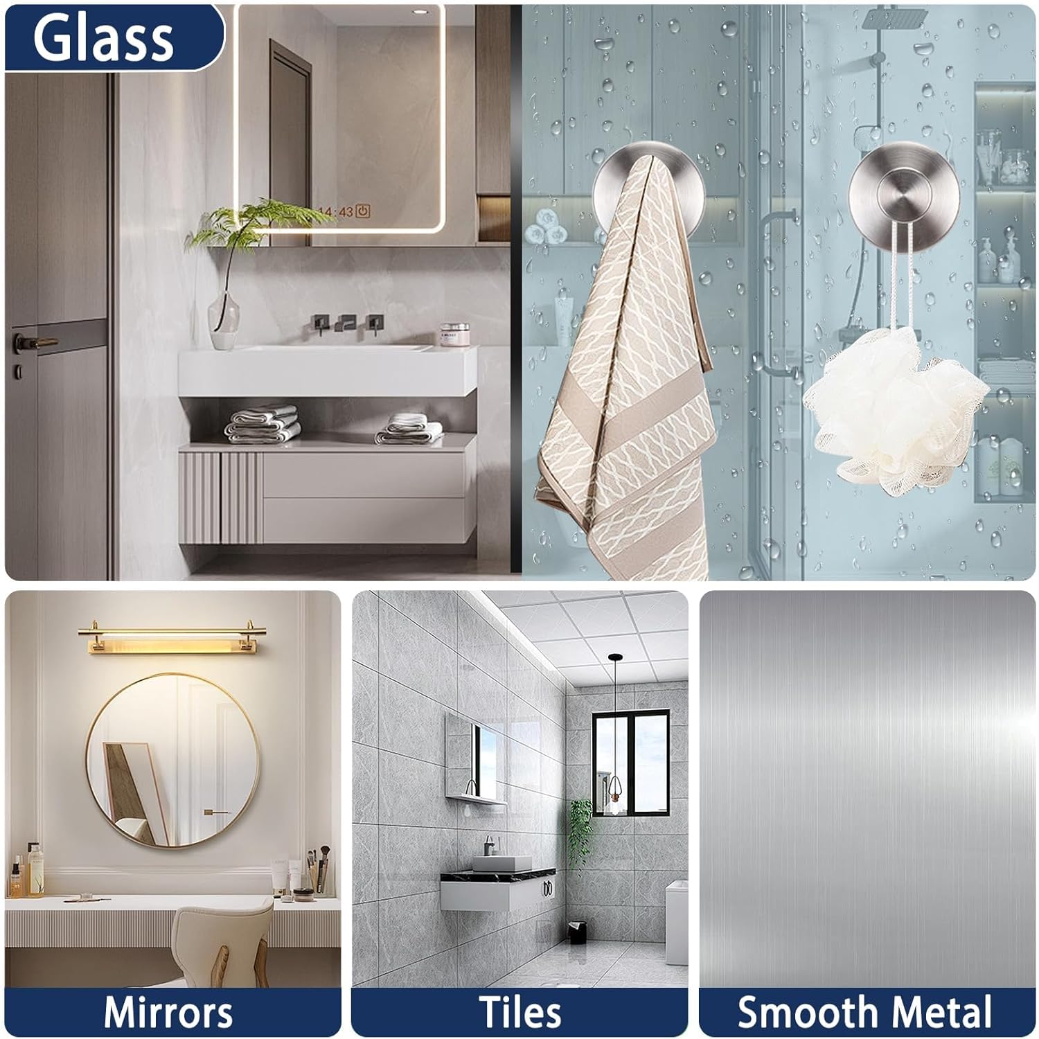 Silver Sucti Cup Hooks for Shower Waterproof - No Drill Stainless Steel Towel Hooks for Bathroom Wall, Kitchen, Glass, Mirror, Tile - Ideal for Hanging Towels, Robes, and Loofahs(4 pcs) - Image 7