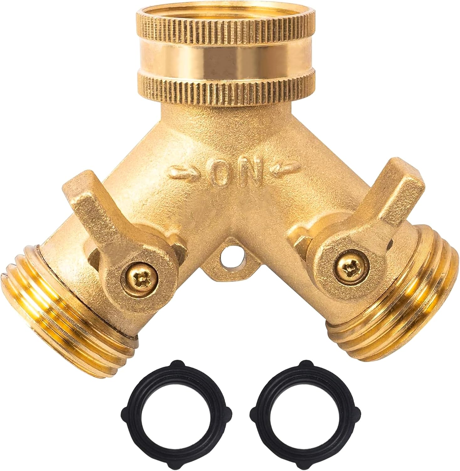 Hose Splitter, Garden Hose Splitter Heavy Duty 2 Way, Solid Brass Water Hose Y Splitter 2 Valves with 2 Extra Rubber Washers - Image 1