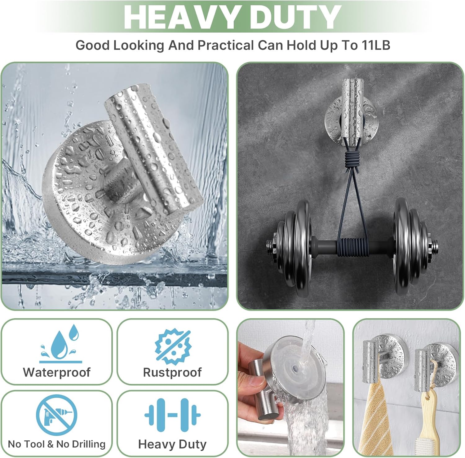 2 Pack Heavy Duty Sucti Cup Hooks - No Drill Shower Hooks for Bathroom, Kitchen & Glass Doors, Wall-Mounted Towel Holder, Hanging Hanger for Robes, Strg Hold  Tile, Window, Mirrors - Silver - Image 5