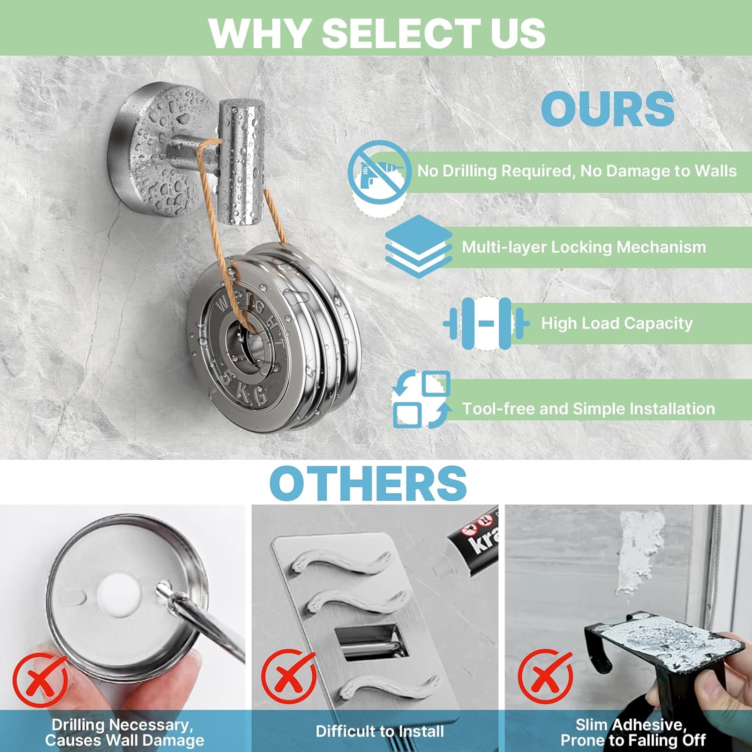 2 Pack Heavy Duty Sucti Cup Hooks - No Drill Shower Hooks for Bathroom, Kitchen & Glass Doors, Wall-Mounted Towel Holder, Hanging Hanger for Robes, Strg Hold  Tile, Window, Mirrors - Silver - Image 7