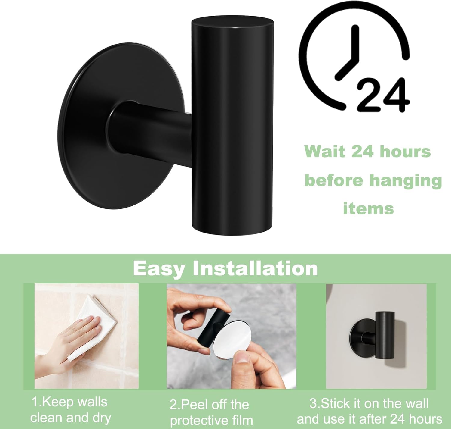 4 Pack Adhesive Towel Hooks for Bathroom, Waterproof Wall Mount Towel Holder, Matte Black Wall Robe Hook, Stainless Steel Heavy Duty Door Hanger Towel Hook for Kitchen, Bedroom, Hotel - Image 4