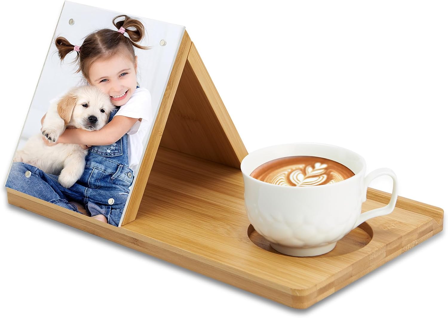 Bamboo Book Holder, Triangle Book Holder Stand with Acrylic Picture Frame, Book Rest with Cup Holder, Tablet and Kindle Stand, Book Lovers Gifts, Bookish Gifts, Bamboo Book Rest Stand - Image 1