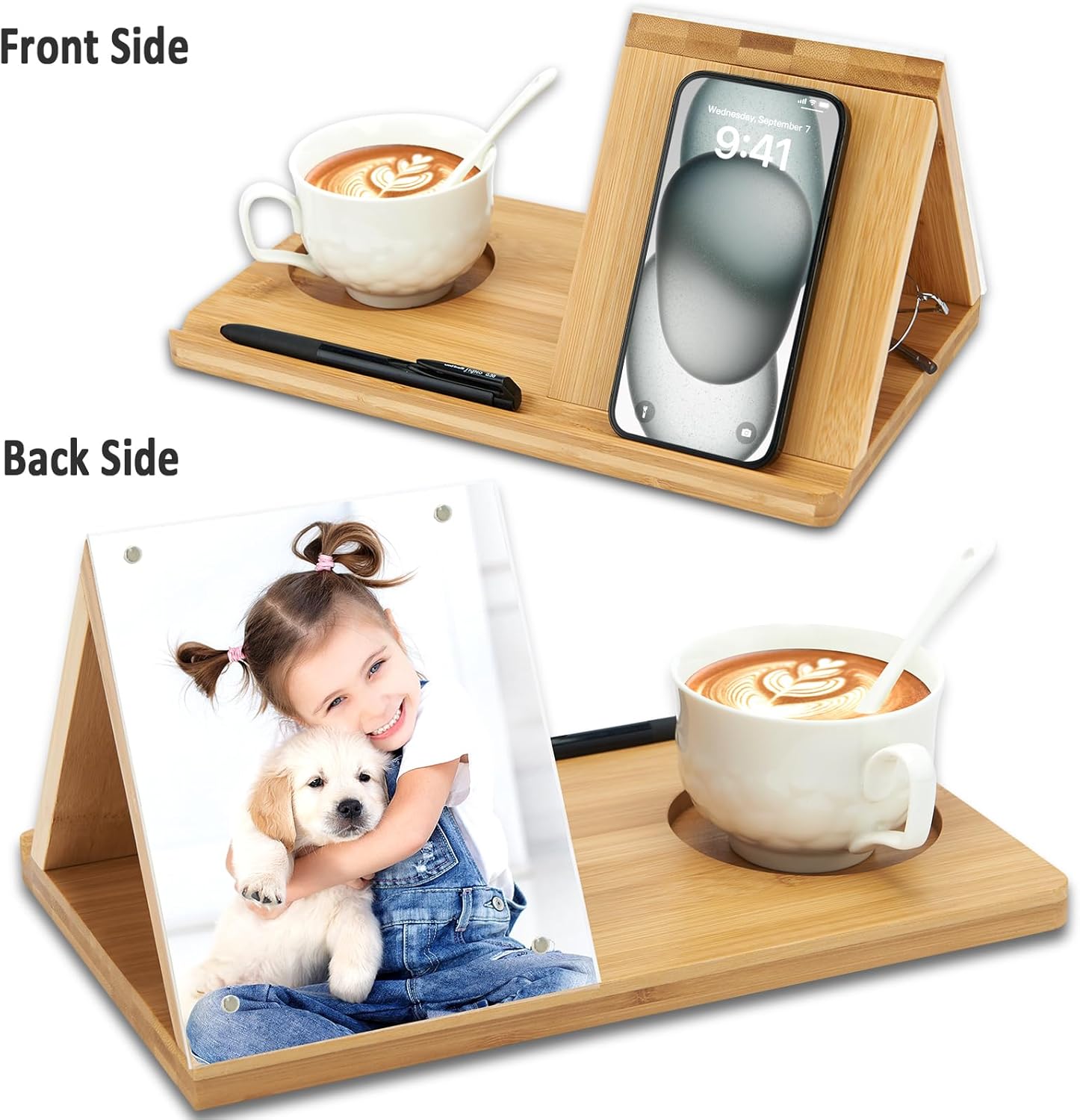 Bamboo Book Holder, Triangle Book Holder Stand with Acrylic Picture Frame, Book Rest with Cup Holder, Tablet and Kindle Stand, Book Lovers Gifts, Bookish Gifts, Bamboo Book Rest Stand - Image 2
