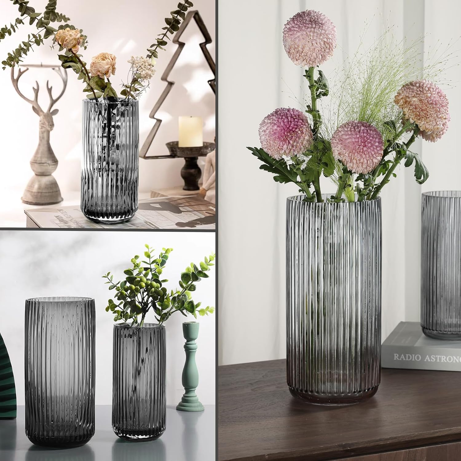 Flower Vase 7.6 Inch Grey Thickened Glass Vase for Lego Flowers,Bookshelf,Dinner Table,Office Desktop,Meeting Room,Bathroom,Countertop,Home Christmas Day Decorati - Image 5