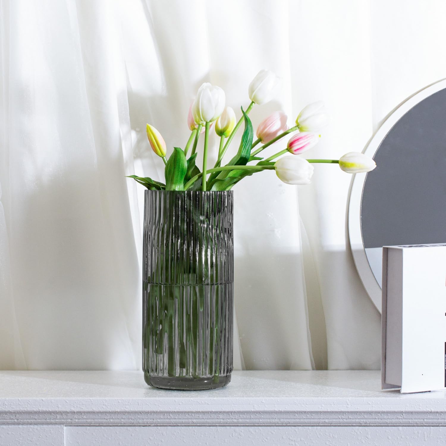 Flower Vase 7.6 Inch Grey Thickened Glass Vase for Lego Flowers,Bookshelf,Dinner Table,Office Desktop,Meeting Room,Bathroom,Countertop,Home Christmas Day Decorati - Image 6