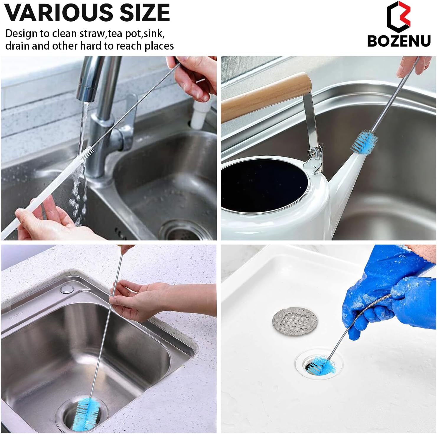 Flexible Drain Brush, 66 Inch Lg Double Ended Hose Pipe and 58 Inch Tube Cleaning Brush and 2 Pack 8 Inch Straw Cleaner Brush - Image 6
