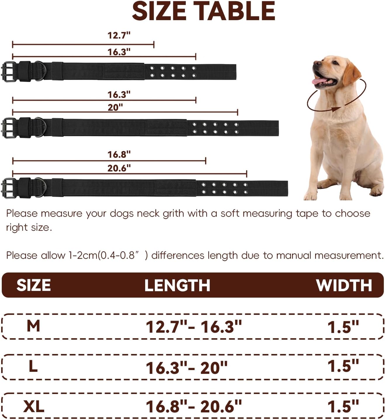 Heavy Duty Dog Collar for Large Dogs, Tactical Dog Collars with Metal Buckle & D Ring, 1.5