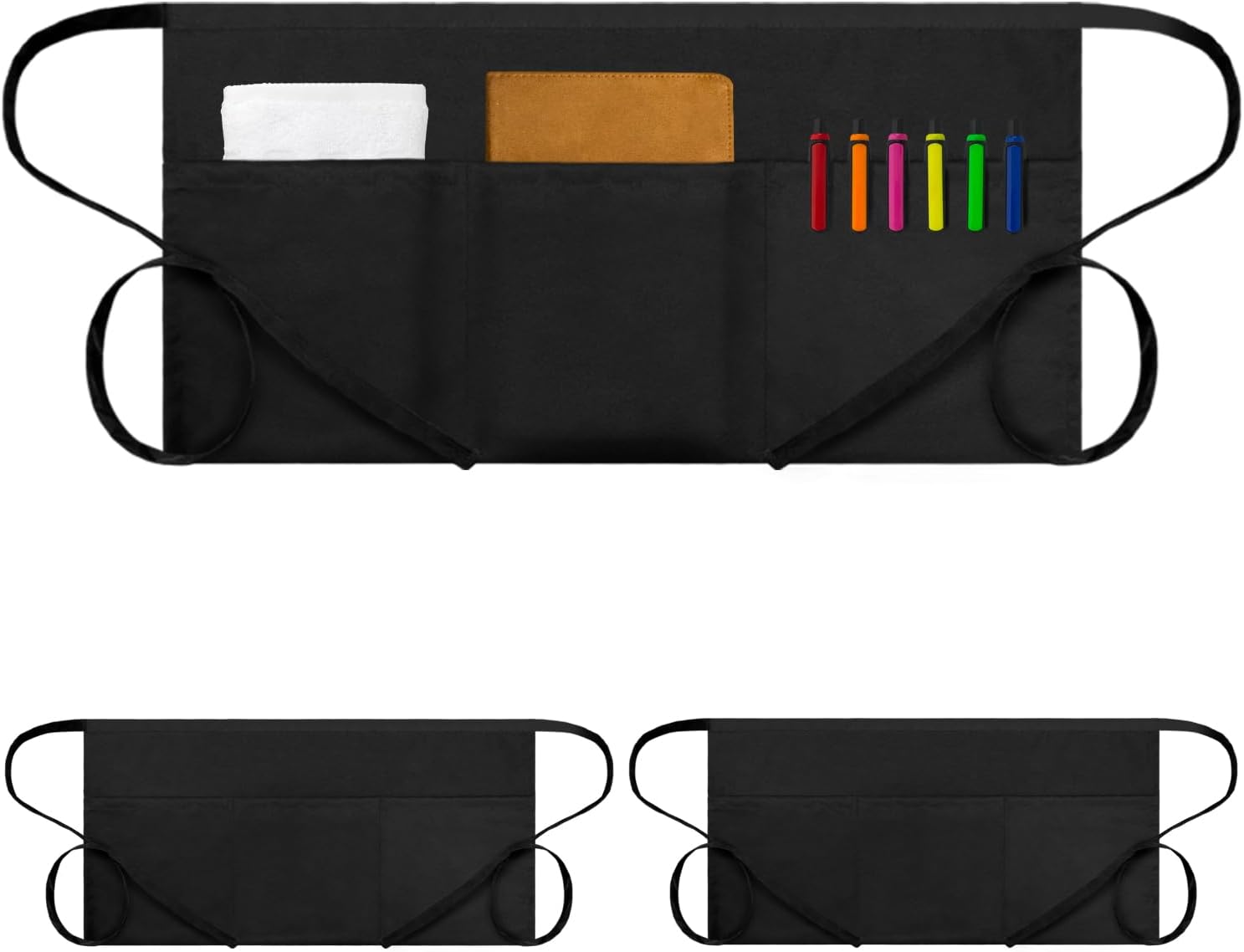 Waitress Server Apr with 3 Pockets, Water Resistant Black Half Waist Apr with Pockets, 12 Inch Waist Server Aprs - Image 1