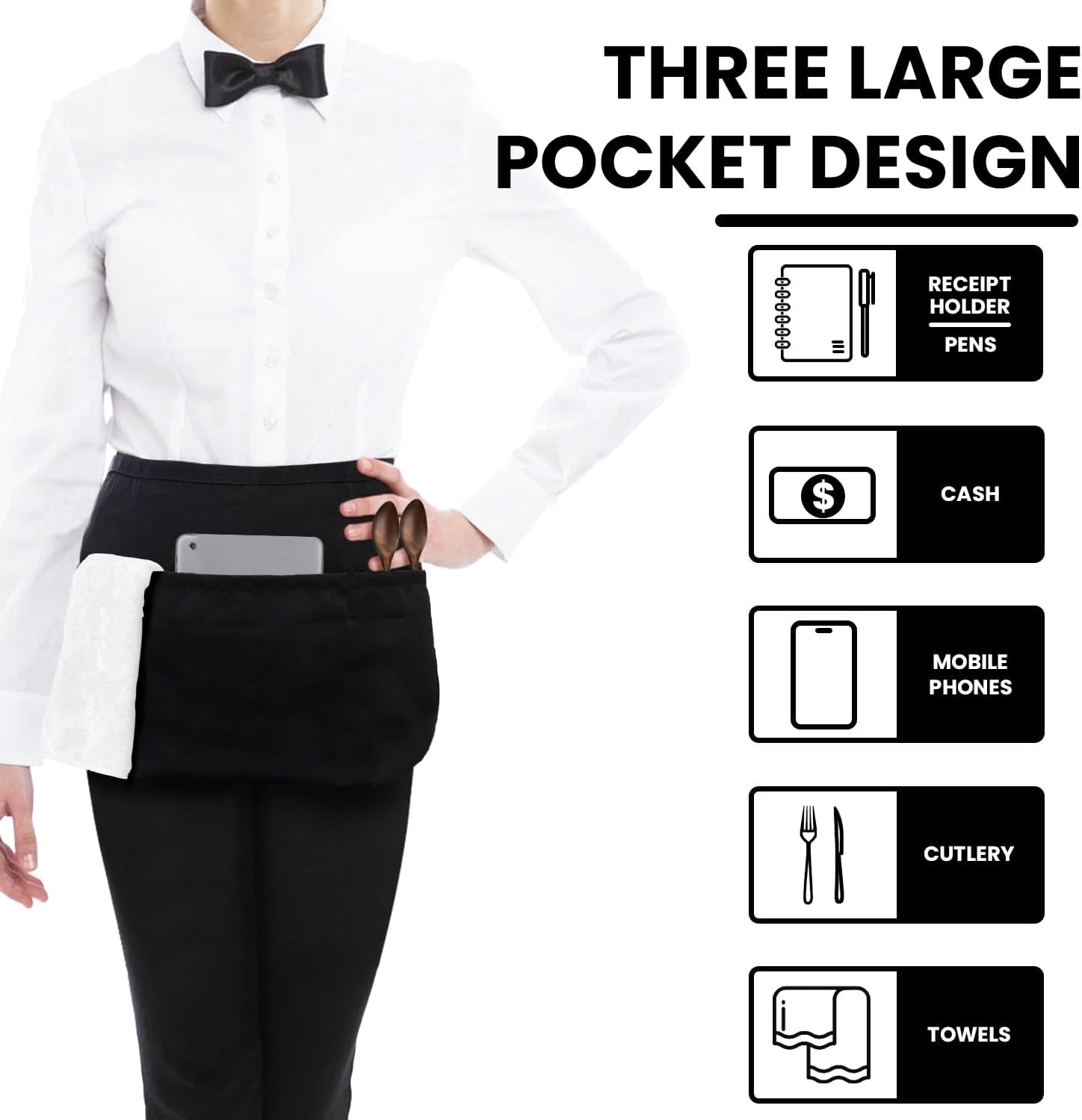 Waitress Server Apr with 3 Pockets, Water Resistant Black Half Waist Apr with Pockets, 12 Inch Waist Server Aprs - Image 2