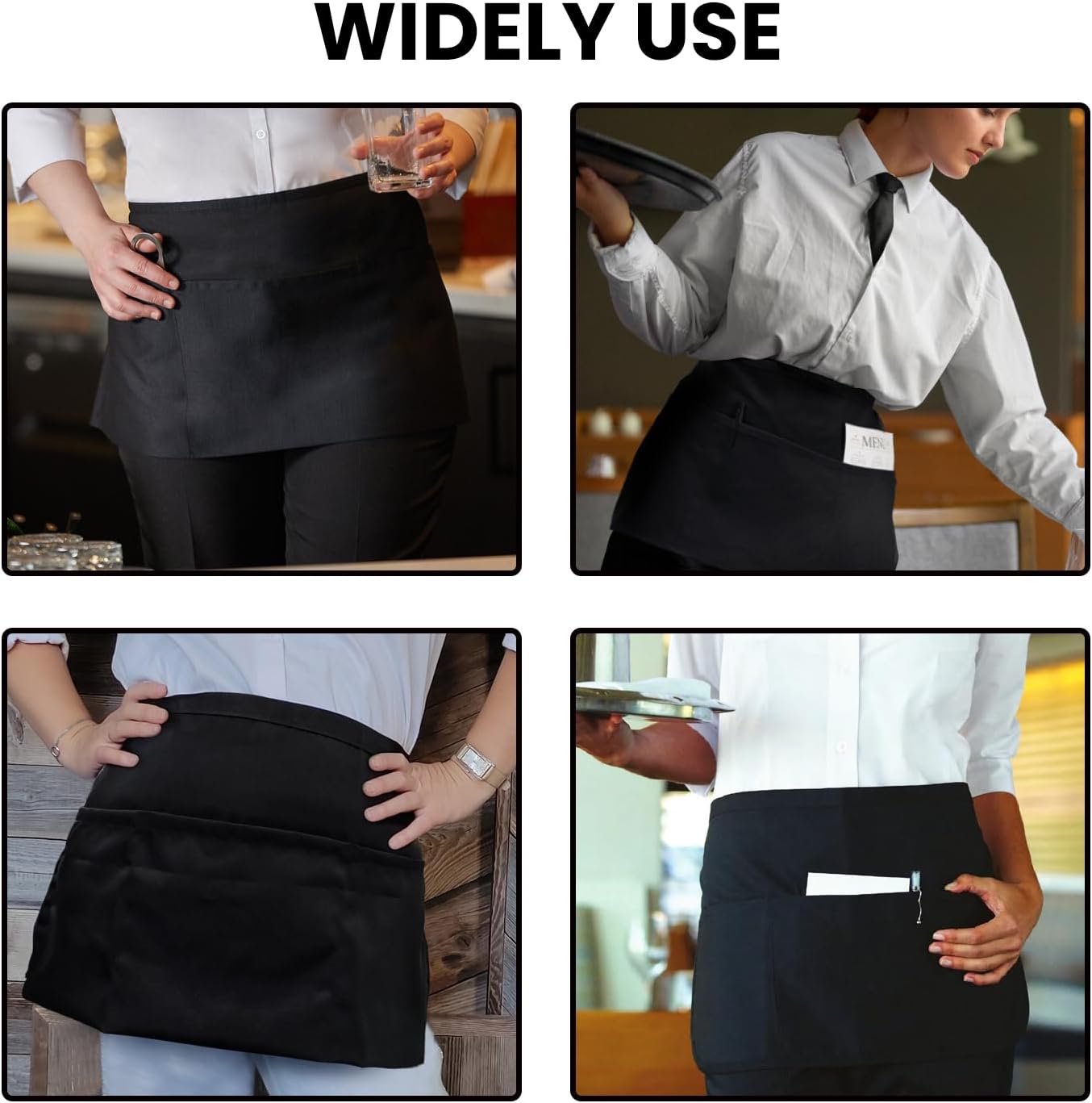Waitress Server Apr with 3 Pockets, Water Resistant Black Half Waist Apr with Pockets, 12 Inch Waist Server Aprs - Image 6