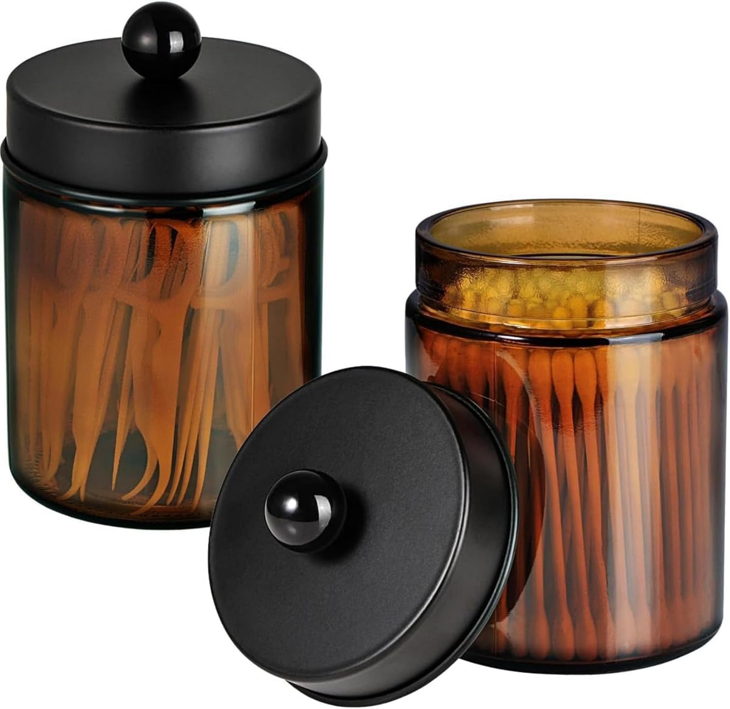 Amber Glass Qtip Holder, Apothecary Jars with Matte Black Metal Lid & Stickers-Bathroom Qtip Dispenser Storage Organizer Set,Vanity Counter Canister for Cott Swabs,Round Pads,Floss (2 Pack) - Image 1