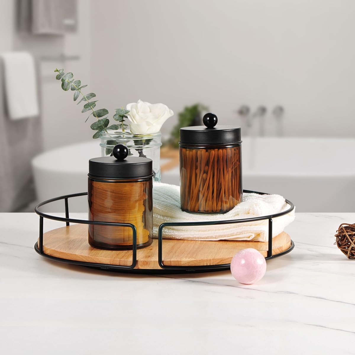 Amber Glass Qtip Holder, Apothecary Jars with Matte Black Metal Lid & Stickers-Bathroom Qtip Dispenser Storage Organizer Set,Vanity Counter Canister for Cott Swabs,Round Pads,Floss (2 Pack) - Image 2