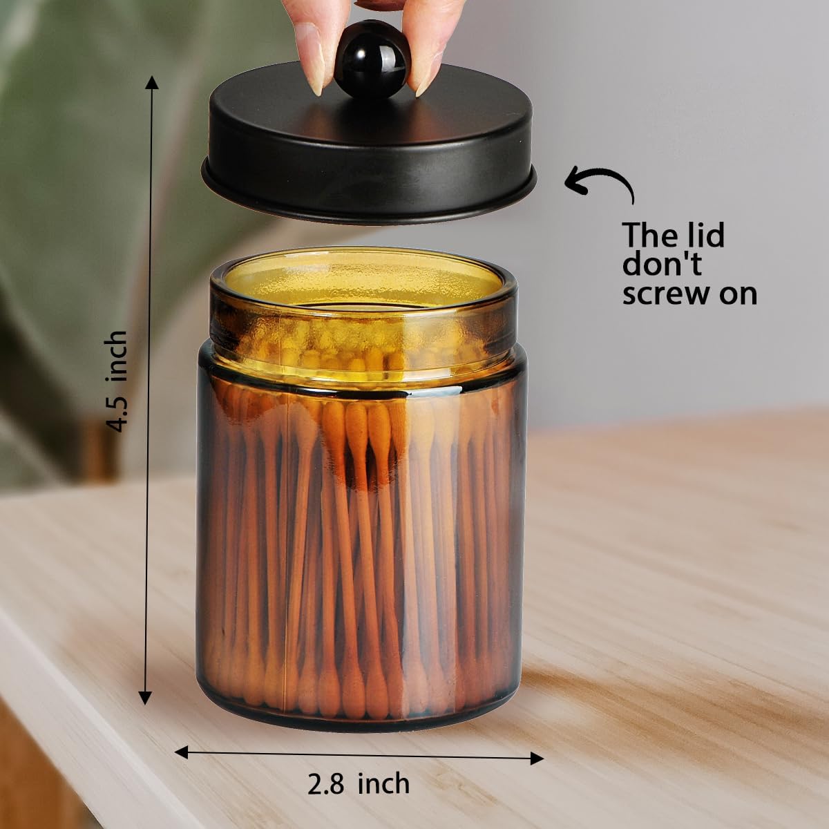 Amber Glass Qtip Holder, Apothecary Jars with Matte Black Metal Lid & Stickers-Bathroom Qtip Dispenser Storage Organizer Set,Vanity Counter Canister for Cott Swabs,Round Pads,Floss (2 Pack) - Image 3