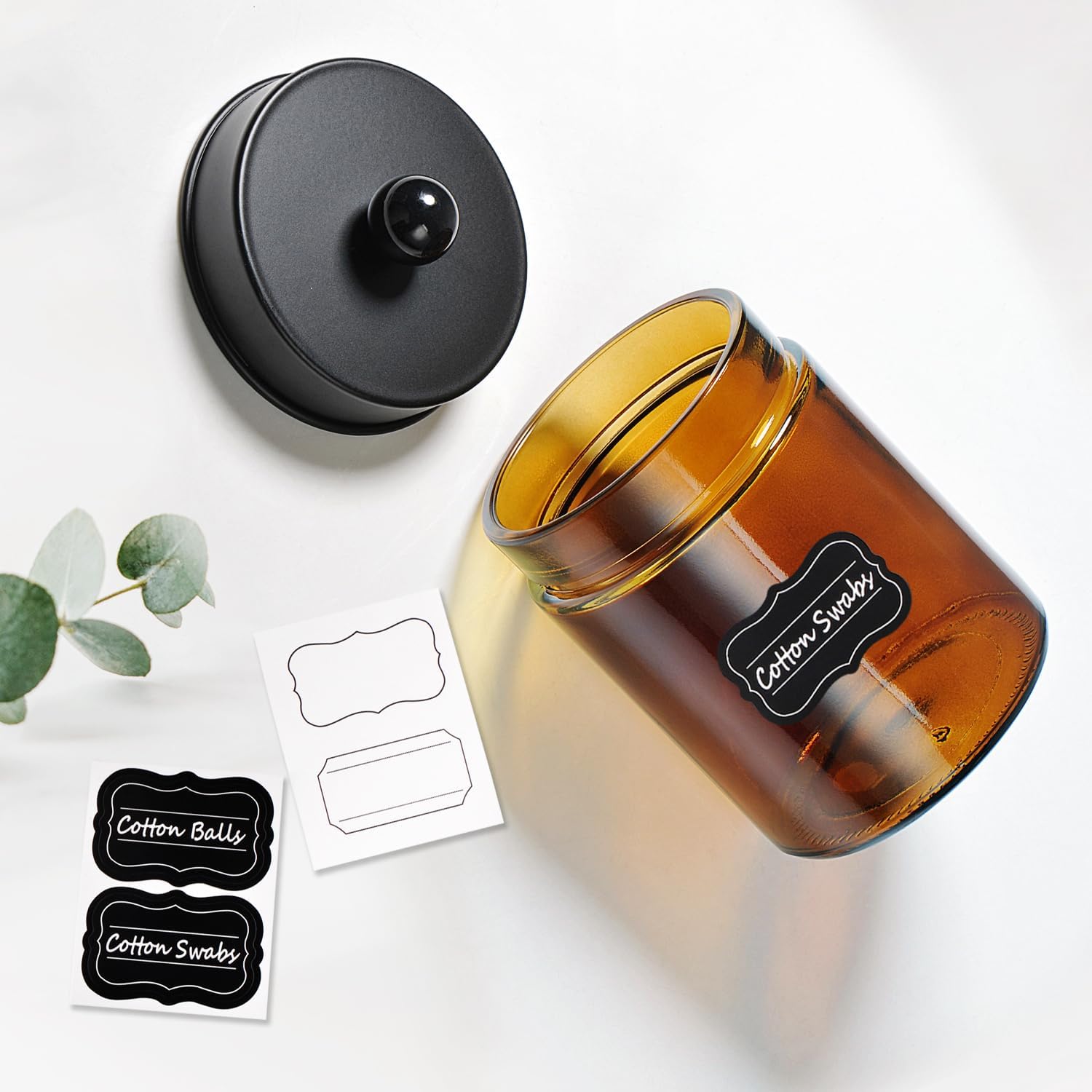 Amber Glass Qtip Holder, Apothecary Jars with Matte Black Metal Lid & Stickers-Bathroom Qtip Dispenser Storage Organizer Set,Vanity Counter Canister for Cott Swabs,Round Pads,Floss (2 Pack) - Image 4