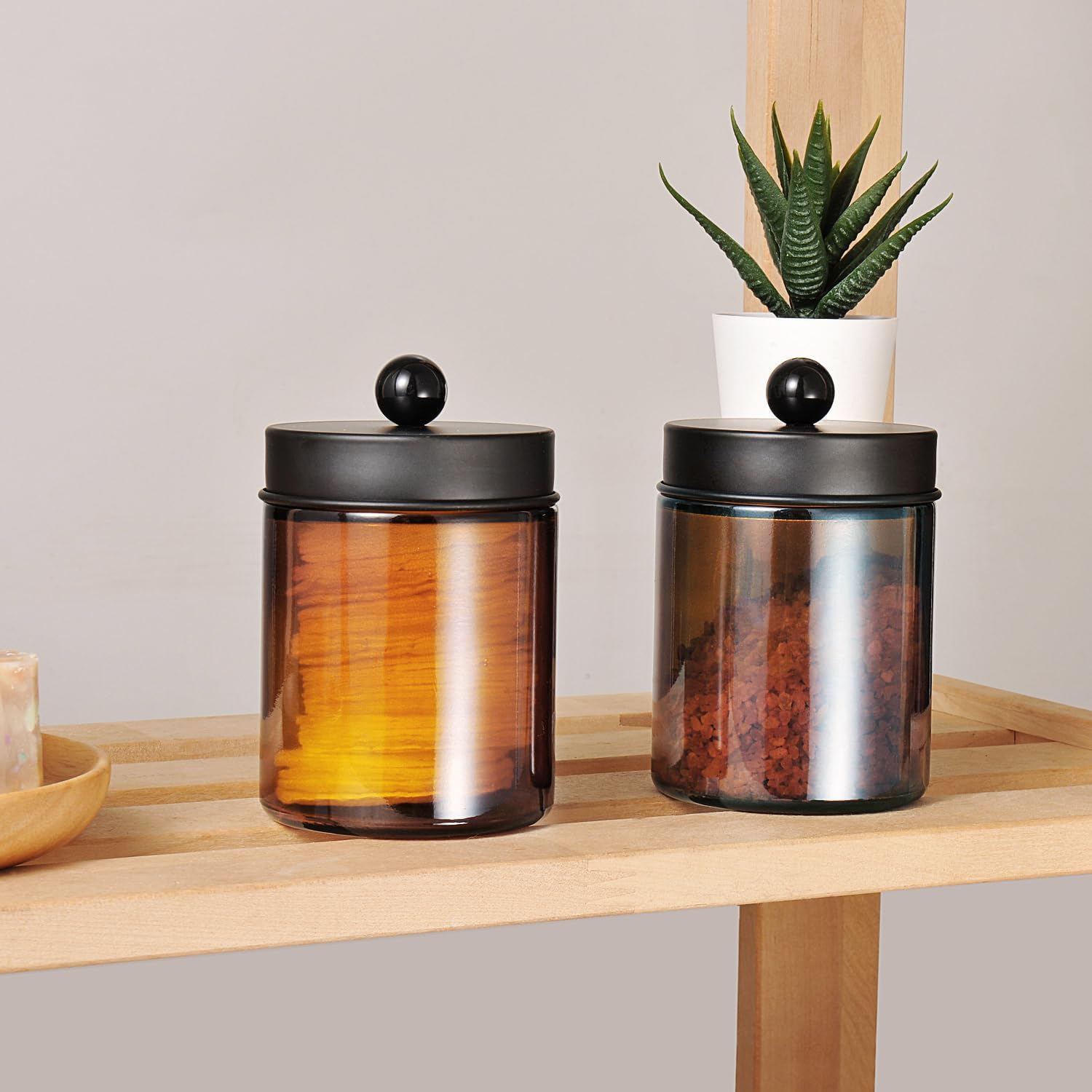 Amber Glass Qtip Holder, Apothecary Jars with Matte Black Metal Lid & Stickers-Bathroom Qtip Dispenser Storage Organizer Set,Vanity Counter Canister for Cott Swabs,Round Pads,Floss (2 Pack) - Image 5