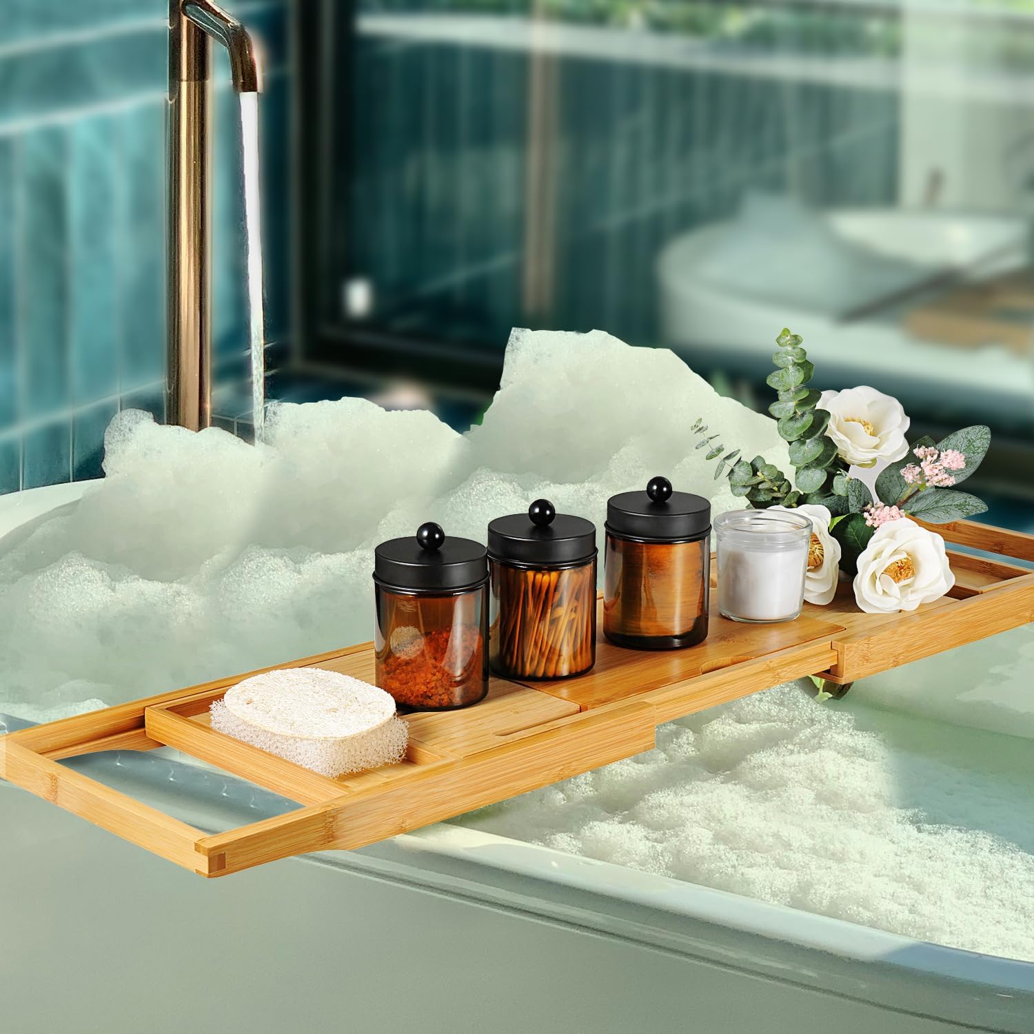 Amber Glass Qtip Holder, Apothecary Jars with Matte Black Metal Lid & Stickers-Bathroom Qtip Dispenser Storage Organizer Set,Vanity Counter Canister for Cott Swabs,Round Pads,Floss (2 Pack) - Image 6