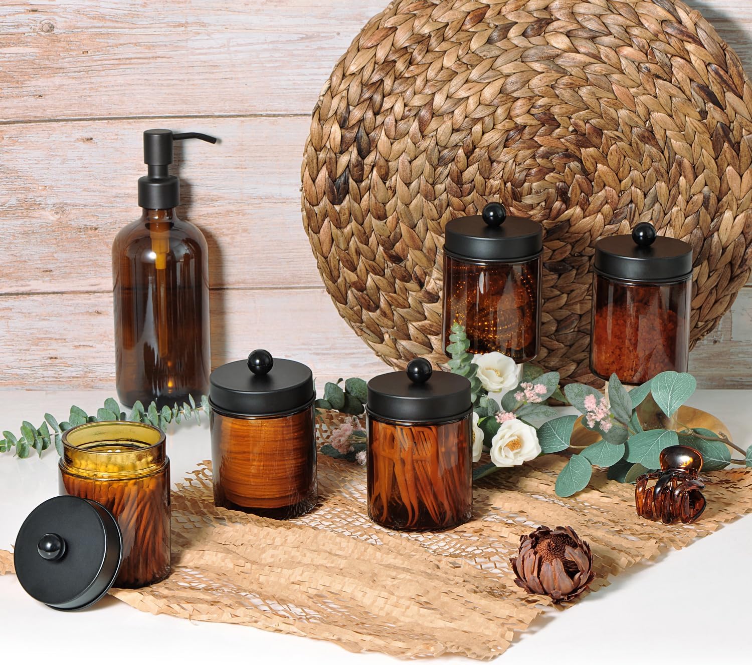Amber Glass Qtip Holder, Apothecary Jars with Matte Black Metal Lid & Stickers-Bathroom Qtip Dispenser Storage Organizer Set,Vanity Counter Canister for Cott Swabs,Round Pads,Floss (2 Pack) - Image 7