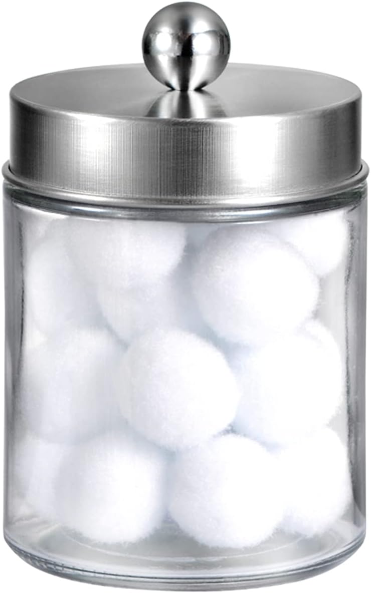 Apothecary Jars Bathroom Vanity Organizer -Countertop Canister Jar with Storage Lid - Qtip Dispenser Holder Glass for Qtips,Cott Swabs,Makeup Spges,Hair Band - Brushed Nickel (1 Pack) - Image 1