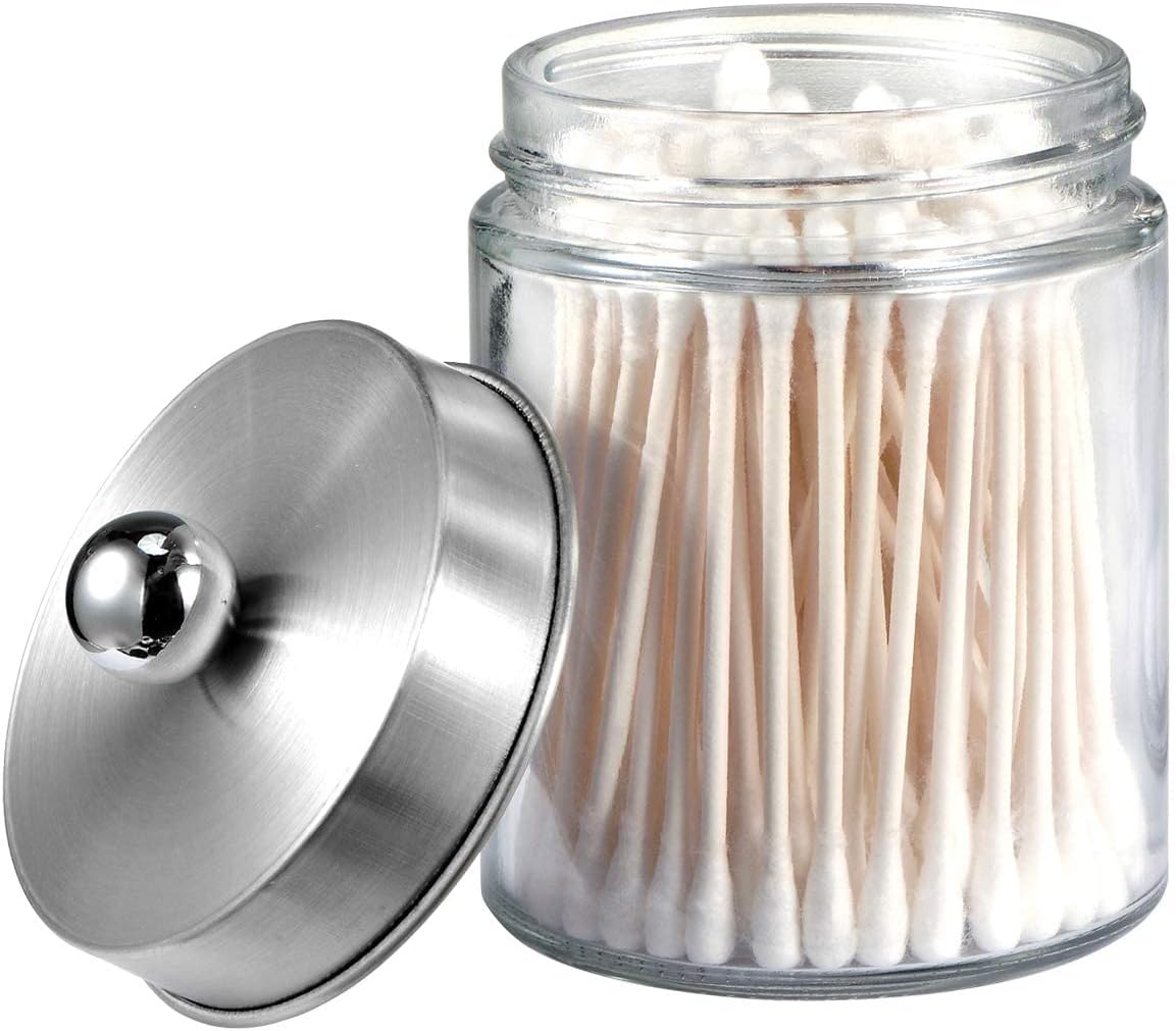 Apothecary Jars Bathroom Vanity Organizer -Countertop Canister Jar with Storage Lid - Qtip Dispenser Holder Glass for Qtips,Cott Swabs,Makeup Spges,Hair Band - Brushed Nickel (1 Pack) - Image 2
