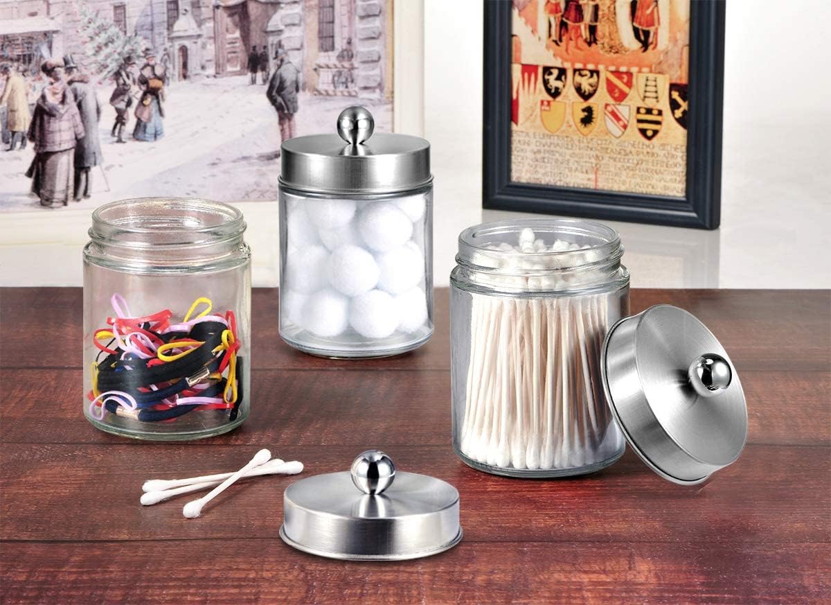 Apothecary Jars Bathroom Vanity Organizer -Countertop Canister Jar with Storage Lid - Qtip Dispenser Holder Glass for Qtips,Cott Swabs,Makeup Spges,Hair Band - Brushed Nickel (1 Pack) - Image 4