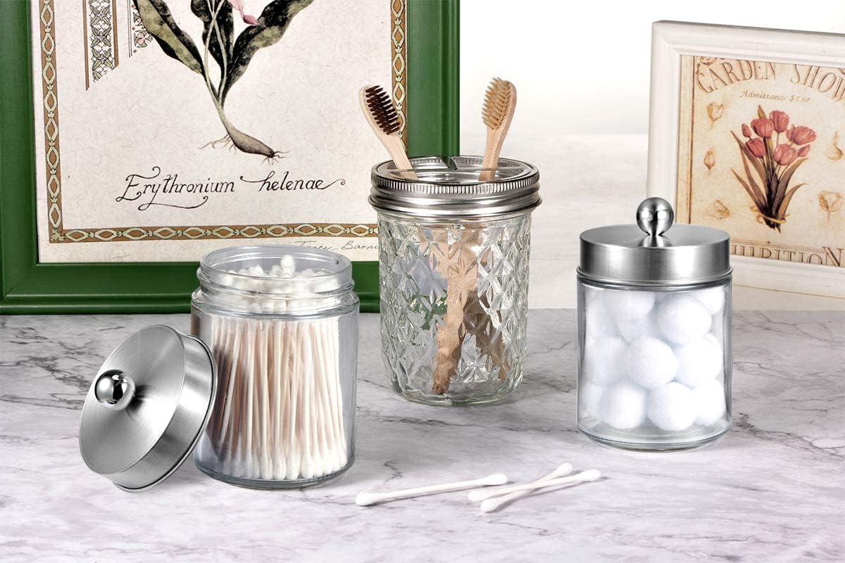 Apothecary Jars Bathroom Vanity Organizer -Countertop Canister Jar with Storage Lid - Qtip Dispenser Holder Glass for Qtips,Cott Swabs,Makeup Spges,Hair Band - Brushed Nickel (1 Pack) - Image 5