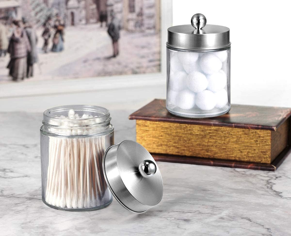 Apothecary Jars Bathroom Vanity Organizer -Countertop Canister Jar with Storage Lid - Qtip Dispenser Holder Glass for Qtips,Cott Swabs,Makeup Spges,Hair Band - Brushed Nickel (1 Pack) - Image 6