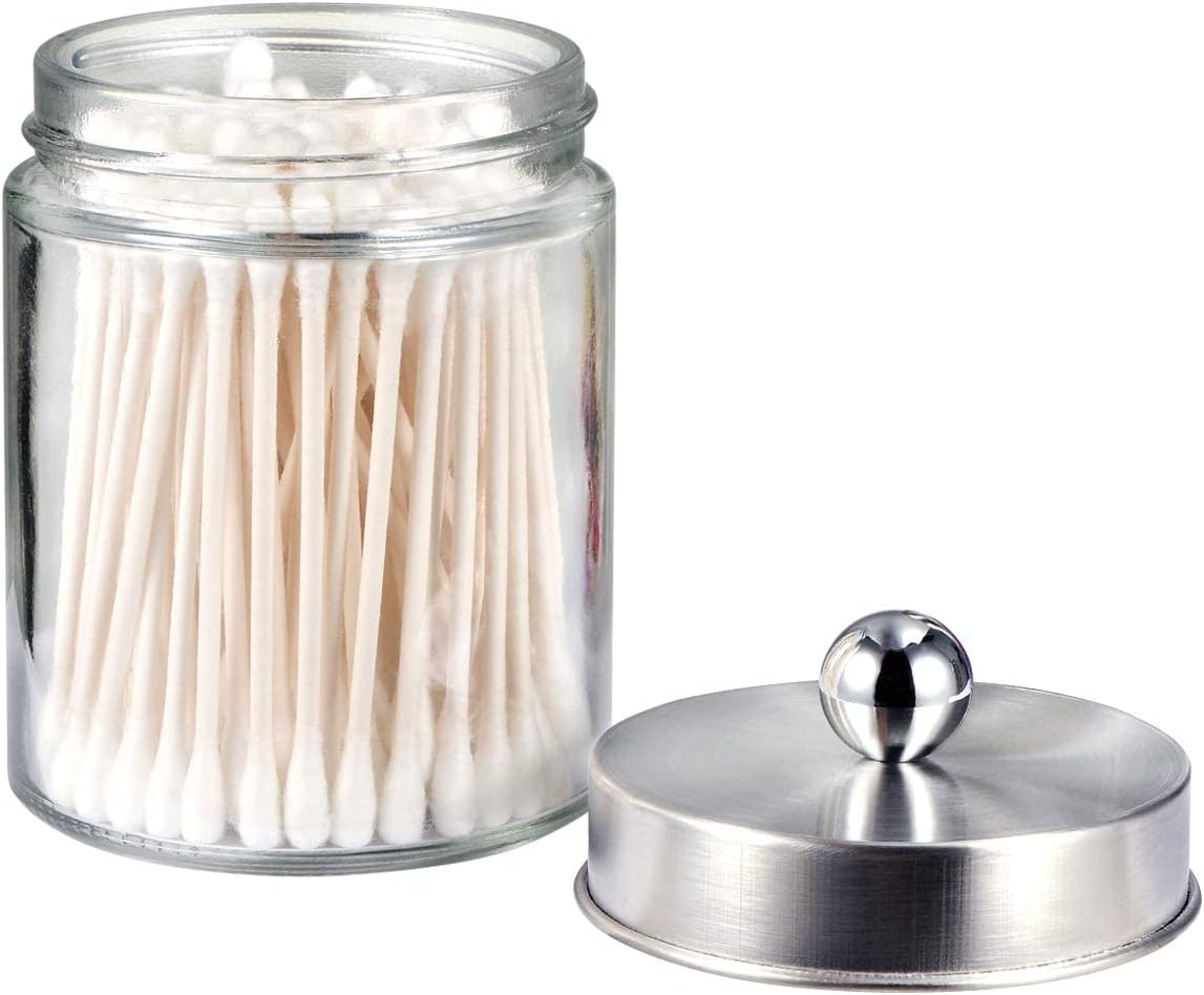 Apothecary Jars Bathroom Vanity Organizer -Countertop Canister Jar with Storage Lid - Qtip Dispenser Holder Glass for Qtips,Cott Swabs,Makeup Spges,Hair Band - Brushed Nickel (1 Pack) - Image 8