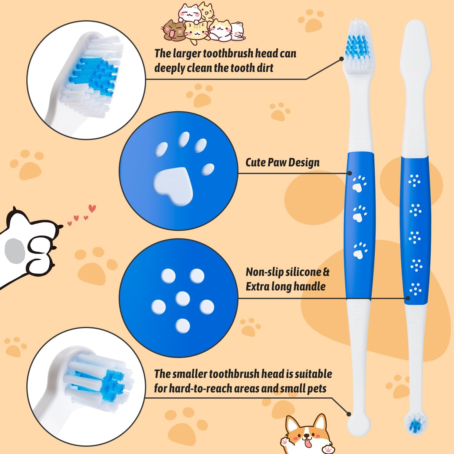 Petluno Pet Toothbrush for Dogs, Cats, Double Headed with Soft Bristles, Easy Teeth Cleaning, Non Slip Dog Toothbrushes in Bulk (Pack of 6) 6 Pcs - Image 3