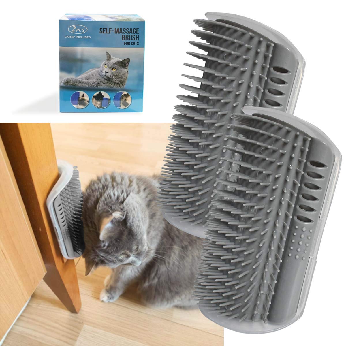 2 Pack Softer Self Groomer with Catnip Wall Corner Massage Comb Scratcher Grooming Brush Tool for Long & Short Fur Kitten Cats Dogs (Gray) - Image 1