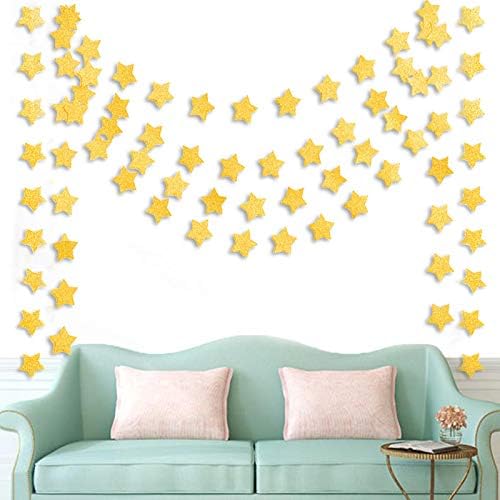 6 Pcs Gold Glitter Star Paper Garland Twinkle Bunting Banner Hanging Decorations for Christmas Birthday Party Golden Sparkling Stars Bridal Showers Wedding Baby Shower Holiday Supplies (50 Feet) - Image 2