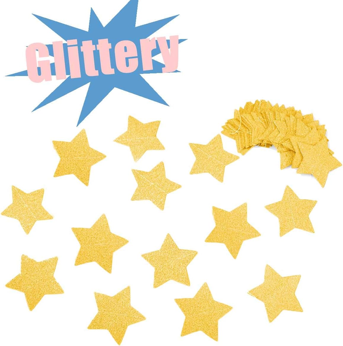 6 Pcs Gold Glitter Star Paper Garland Twinkle Bunting Banner Hanging Decorations for Christmas Birthday Party Golden Sparkling Stars Bridal Showers Wedding Baby Shower Holiday Supplies (50 Feet) - Image 5